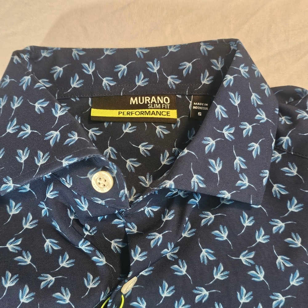 Murano Performance Size S Small Slim Fit Long Sleeve Blue Leaves Shirt NWT L594